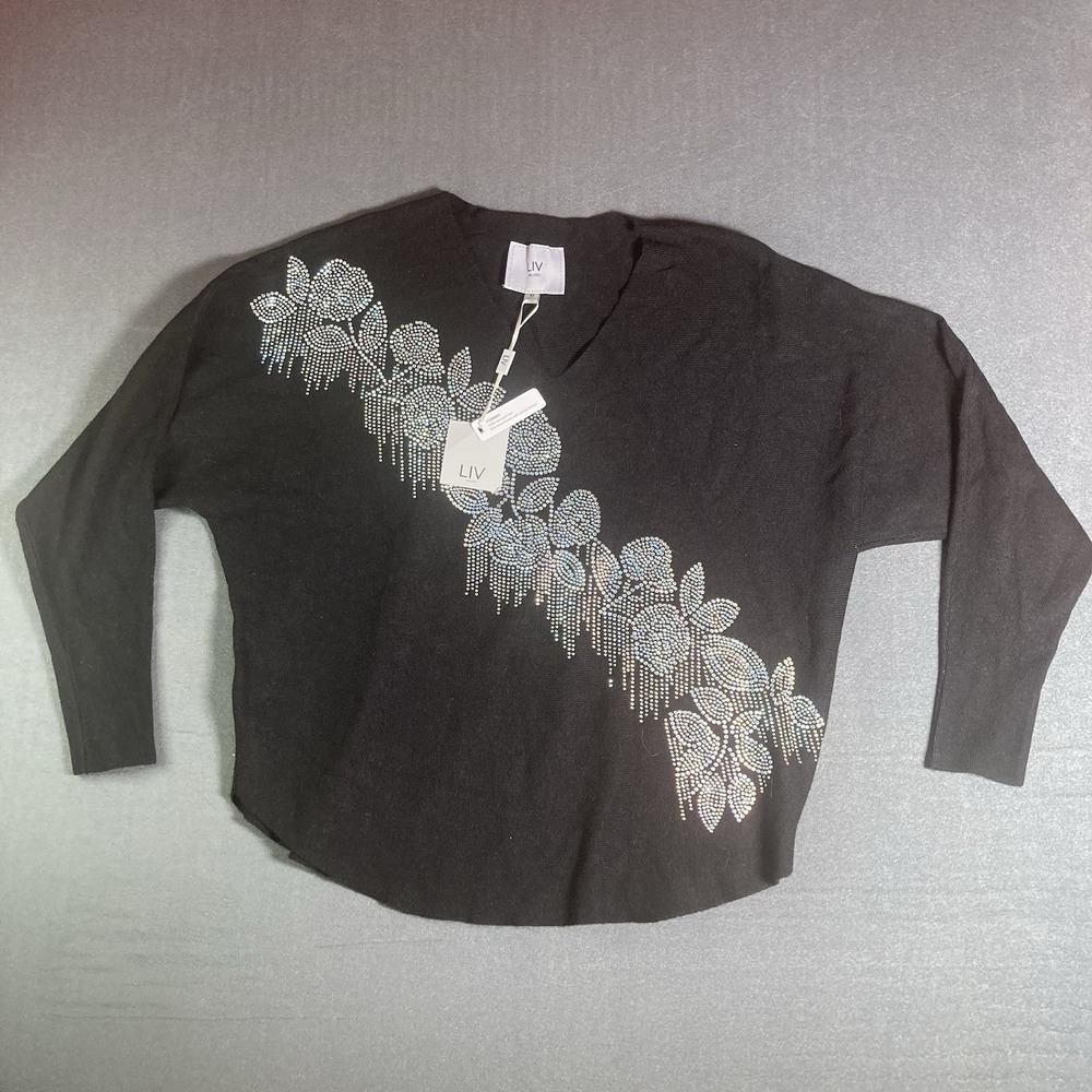 NWT LIV Milano Black Rhinestone Floral Sweater Size M Bling Embellished Knit